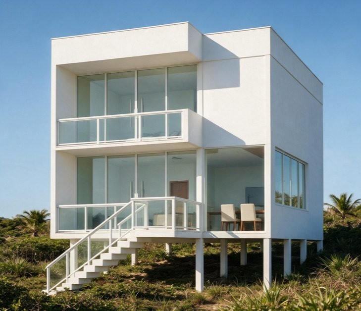 Perspectiva da fachada com varandas de vidro sobre pilotis